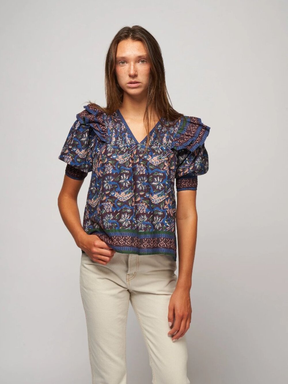 SEA NY Noah Print Puff Sleeve Pintucked Top - Size Small